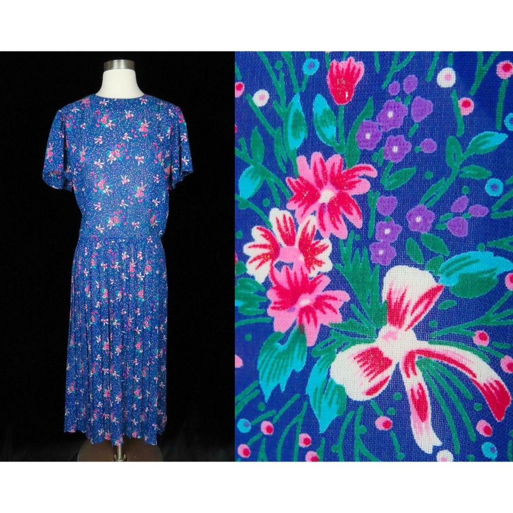 Vintage 80s Novelty Print BOWS Floral Blue Sheer Secretary Dress XL Garden Party